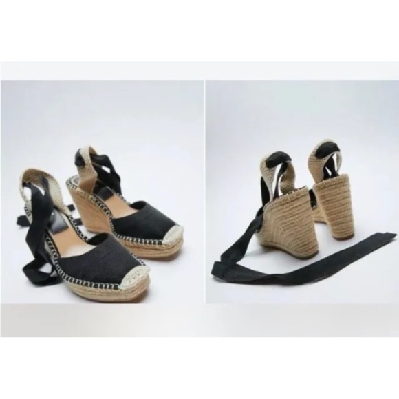 Zara Black Tied Raffia Espadrille Wedge Shoes NWT SZ 10 EU 41 - Picture 2 of 11
